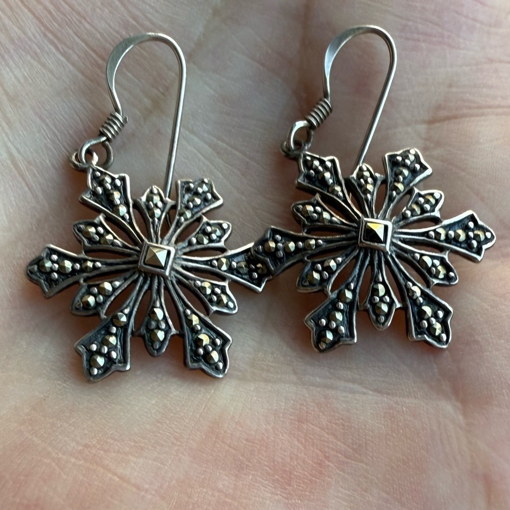 Vintage QVC Sterling Silver Snowflake Earrings | 925 | Marcasite Style